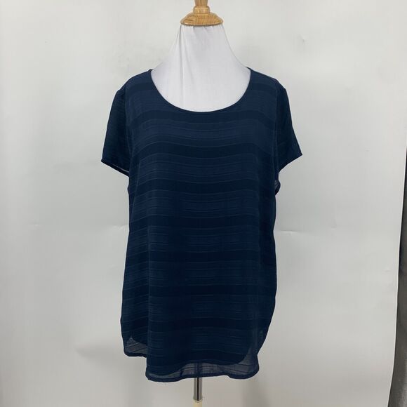 Ann Taylor Layered Top Women L Large Navy Striped Short Sleeve Lightweight Scoop - Picture 2 of 13